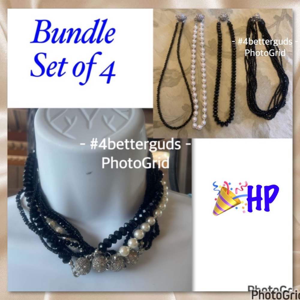 Bundle Set 4 Homemade Black Crystals & Pearl Rhinestone Magnetic Clasp Necklaces